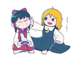 Rule 34 | &lt;o&gt; &lt;o&gt;, 2girls, anger vein, ascot, black dress, black eyes, black hair, black headwear, blonde hair, blue ascot, bow, cheek squash, closed mouth, collared shirt, commentary, controller, cookie (touhou), crescent, crescent pin, detached sleeves, dot pupils, dress, frown, full body, game controller, gogogo (cookie), hair bow, hair tubes, hakurei reimu, hat, unworn hat, unworn headwear, highres, hita (hizokuseikogeki), holding, holding controller, holding game controller, kirisame marisa, long sleeves, looking at another, multiple girls, one eye closed, open mouth, pinafore dress, playstation controller, red bow, red shirt, red skirt, sharp teeth, shirt, short hair, simple background, skirt, skirt set, sleeveless, sleeveless dress, sleeveless shirt, teeth, togashi (cookie), touhou, translation request, transparent background, white sleeves, witch hat