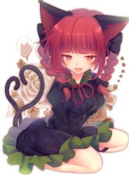 Rule 34 | 1girl, animal ears, balloon, black dress, black ribbon, bow, bowtie, braid, cat ears, cat tail, dress, fang, floral background, floral print, green dress, highres, kaenbyou rin, leg ribbon, leg strap, looking at viewer, multiple tails, open mouth, puffy sleeves, red bow, red eyes, red hair, ribbon, seiza, simple background, sitting, skin fang, solo, tail, touhou, twin braids, two tails, urushiruu, white background