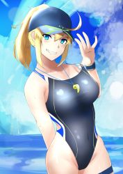 Rule 34 | 1girl, absurdres, ahoge, artoria pendragon (fate), baseball cap, black one-piece swimsuit, blonde hair, blue eyes, blue hat, blue sky, breasts, clothes pull, cloud, commentary request, competition swimsuit, cowboy shot, fate/grand order, fate (series), grin, hair through headwear, hat, highres, huge filesize, kasumi saika, large breasts, looking at viewer, mysterious heroine x (fate), mysterious heroine xx (fate), one-piece swimsuit, one-piece swimsuit pull, ponytail, sky, smile, solo, swimsuit, tan, tanline, whistle, whistle around neck