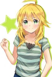 Rule 34 | 1girl, ahoge, blonde hair, blush, breasts, cleavage, collarbone, green eyes, green shirt, highres, hoshii miki, i.f.s.f, idolmaster, idolmaster (classic), long hair, looking at viewer, medium breasts, shirt, short sleeves, smile, solo, standing, star (symbol), striped clothes, striped shirt, upper body, very long hair, white background