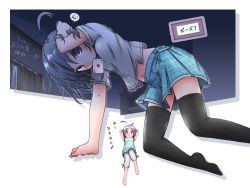 Rule 34 | 1girl, akino coto, all fours, arms up, barefoot, black thighhighs, blue hair, breasts, card, feet, highres, looking at viewer, midriff, mouth hold, navel, original, playing card, purple hair, skirt, socks, thighhighs