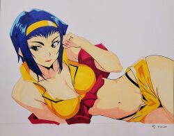 Rule 34 | 1girl, arm support, blue eyes, blue hair, breasts, cleavage, cowboy bebop, faye valentine, highres, large breasts, legs, lying, midriff, navel, shorts, smile, solo, thighs, thong, traditional media, unzipped
