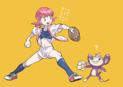 Rule 34 | 1girl, :d, ?, aipom, baseball bat, baseball glove, breasts, buttons, creatures (company), donnpati, game freak, gen 2 pokemon, highres, holding, holding baseball bat, jacket, knees, legs apart, long hair, navel, nintendo, open clothes, open jacket, open mouth, pink hair, pokemon, pokemon (creature), pokemon gsc, shoes, short shorts, shorts, signature, smile, socks, sports bra, tongue, translation request, twintails, white jacket, white shorts, whitney (pokemon), yellow background