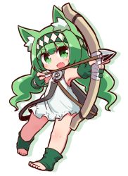 Rule 34 | 10s, 1girl, :d, animal ears, archer (last period), arrow (projectile), bare shoulders, barefoot, bow (weapon), cat ears, diamond (shape), dress, eyebrows, fang, fingernails, gloves, green eyes, green gloves, green hair, green headband, headband, holding, holding bow (weapon), holding weapon, index finger raised, last period, legs apart, long hair, naga u, no nose, open mouth, partially fingerless gloves, silhouette, sleeveless, sleeveless dress, smile, solo, toenails, weapon, white dress