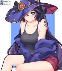 Rule 34 | 1girl, arm tattoo, bare shoulders, black tank top, blue background, blue jacket, border, breasts, casual, cleavage, collarbone, contemporary, cowboy shot, crescent, crescent hat ornament, daddo art, genshin impact, gold trim, green eyes, hat, hat ornament, hat over one eye, highres, instagram username, jacket, jacket partially removed, leaning forward, long hair, looking at viewer, medium breasts, midriff, mona (genshin impact), off shoulder, purple hair, purple hat, red shorts, short shorts, shorts, simple background, sitting, solo, spaghetti strap, star (symbol), star hat ornament, tank top, tattoo, twintails, twitter logo, twitter username, v arms, white border, witch hat