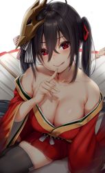 Rule 34 | 1girl, :q, ahoge, azur lane, bare shoulders, black hair, black thighhighs, blush, breasts, choker, cleavage, collarbone, crossed bangs, finger to mouth, hair between eyes, hair ornament, head tilt, highres, huge breasts, japanese clothes, large breasts, long hair, looking at viewer, mask, mask on head, obi, off shoulder, open mouth, red eyes, reinama, sash, shushing, sidelocks, sitting, smile, solo, taihou (azur lane), thighhighs, tongue, tongue out, twintails, very long hair, wariza, wide sleeves