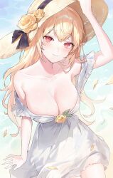 Rule 34 | 1girl, absurdres, arm up, armpits, bare shoulders, blonde hair, breasts, cleavage, closed mouth, collarbone, commission, cream (cream), danah, dress, flower, hand on headwear, hat, hat flower, highres, large breasts, long hair, looking at viewer, mole, mole under eye, off-shoulder dress, off shoulder, original, petals, red eyes, rose, second-party source, sleeveless, sleeveless dress, smile, solo, sun hat, sundress, very long hair, white dress, yellow hat