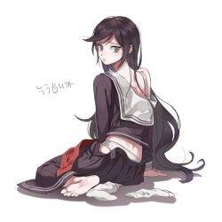 1girl black_hair black_serafuku black_shirt black_skirt closed_mouth clothes_pull commentary_request danganronpa:_trigger_happy_havoc danganronpa_(series) dg_xhs from_behind fukawa_toko full_body hair_down korean_commentary long_hair long_sleeves looking_at_viewer looking_back no_eyewear no_shoes off_shoulder panties pleated_skirt sailor_collar school_uniform serafuku shirt simple_background single_bare_foot sitting skirt skirt_pull soles solo underwear unworn_socks very_long_hair white_background white_panties white_sailor_collar