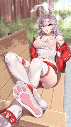 Rule 34 | 1girl, animal ear fluff, animal ears, armpit crease, bench, blurry, blurry background, bra, breasts, cleavage, closed mouth, commentary, depth of field, english commentary, feet, foreshortening, full body, hands in pockets, highres, jacket, large breasts, legs, light purple hair, long hair, long sleeves, looking at viewer, lyoung0j, midriff, navel, open clothes, open jacket, original, outdoors, park bench, parted bangs, paw print soles, rabbit ears, rabbit girl, red bra, red jacket, red shorts, sandals, see-through, see-through shirt, shadow, shirt, short shorts, shorts, skindentation, smile, soles, solo, strap slip, thighhighs, toes, underwear, white shirt, white thighhighs