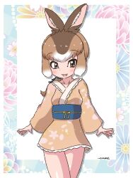 Rule 34 | 1girl, :3, animal ears, blush, brown eyes, brown hair, brown kimono, cowboy shot, frilled kimono, frills, hair between eyes, jade aa01, japanese clothes, japanese hare (kemono friends), kemono friends, kimono, light brown hair, long sleeves, multicolored hair, obi, ponytail, rabbit ears, rabbit girl, rabbit tail, sash, short hair, short kimono, sidelocks, smile, solo, tail, white hair