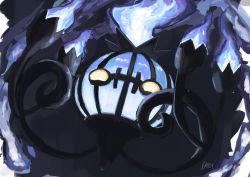 Rule 34 | artist name, blank eyes, blue background, blue fire, chandelure, creatures (company), fire, floating, full body, game freak, gen 5 pokemon, happy, highres, ikei, nintendo, no humans, pokemon, pokemon (creature), signature, simple background, solo, yellow eyes