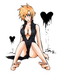 Rule 34 | 00s, 1990s (style), 1girl, bad anatomy, bad feet, bad id, bad pixiv id, barefoot, blonde hair, blue eyes, breasts, cloud strife, darkness, final fantasy, final fantasy vii, final fantasy vii advent children, genderswap, genderswap (mtf), large breasts, long hair, poorly drawn, retro artstyle, shenyu, solo, spiked hair