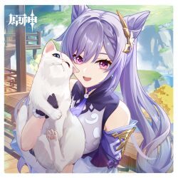Rule 34 | 1girl, :d, absurdres, animal, animal hug, bare shoulders, black gloves, cat, commentary request, cone hair bun, detached sleeves, genshin impact, gloves, hair bun, hair ornament, highres, holding, holding animal, holding cat, keqing (genshin impact), long hair, looking at viewer, official art, open mouth, outdoors, purple eyes, purple hair, smile, solo, upper body, very long hair, watermark, white cat