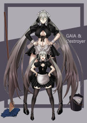 Rule 34 | 2girls, absurdly long hair, absurdres, alternate costume, apron, asymmetrical legwear, breasts, cel da lin, destroyer (girls&#039; frontline), enmaided, gaia (girls&#039; frontline), girls&#039; frontline, gradient hair, grey hair, hands on own hips, high heels, highres, large breasts, long hair, low twintails, maid, maid apron, maid headdress, multicolored hair, multiple girls, navel, puffy short sleeves, puffy sleeves, short sleeves, size difference, small breasts, smug, thighhighs, twintails, uneven legwear, very long hair