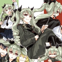 Rule 34 | 10s, 3girls, anchovy (girls und panzer), anzio military uniform, anzio school uniform, arm up, bad id, bad twitter id, belt, black belt, black cape, black footwear, black hair, black neckwear, black ribbon, black shirt, black skirt, blonde hair, boots, brown eyes, cape, carpaccio (girls und panzer), clenched hand, closed eyes, closed mouth, commentary request, dress shirt, drill hair, flag, flag background, frown, girls und panzer, green hair, grey jacket, grey pants, hair ribbon, holding, holding riding crop, invisible chair, italian flag, jacket, knee boots, leaning forward, long hair, long sleeves, looking at viewer, looking back, military, military uniform, miniskirt, multiple girls, multiple persona, necktie, one eye closed, open mouth, pants, pantyhose, pepperoni (girls und panzer), pleated skirt, raised fist, red eyes, ribbon, riding crop, sam browne belt, school uniform, shirt, short hair, sitting, skirt, smile, sprawled, standing, triangle mouth, twin drills, twintails, uniform, white flag, white legwear, white shirt, yuuyu (777)