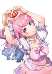 Rule 34 | 1girl, :o, absurdres, arms up, blue hair, blush, bracelet, breasts, cowboy shot, crescent, crescent hair ornament, crown, dress, gradient hair, green eyes, hair ornament, hair rings, heart, heart hands, heterochromia, highres, himemori luna, himemori luna (1st costume), hololive, jewelry, long hair, medium breasts, mini crown, multicolored hair, one side up, pink dress, pink hair, puffy short sleeves, puffy sleeves, purple eyes, short sleeves, shyi, simple background, solo, standing, virtual youtuber, white background