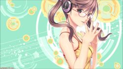 Rule 34 | 1girl, artist request, bare arms, bare shoulders, blue eyes, brown hair, character request, copyright request, glasses, headphones, koutaro, long hair, looking at viewer, nail polish, non-web source, shirt, solo, source request, twintails, upper body, yellow shirt