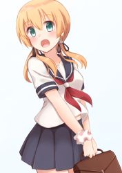 Rule 34 | 10s, 1girl, anchor hair ornament, aqua eyes, bad id, bad pixiv id, bag, blonde hair, blush, collarbone, eyebrows, hair ornament, highres, holding, holding bag, kantai collection, kapatarou, long hair, neckerchief, open mouth, pleated skirt, prinz eugen (kancolle), school uniform, serafuku, short sleeves, simple background, skirt, solo, twintails, upper body, white background, wristband