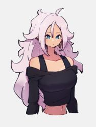 Rule 34 | 1girl, alternate costume, android 21, blue eyes, breasts, closed mouth, dragon ball, dragon ball fighterz, earrings, grey background, hoop earrings, jewelry, kemachiku, long hair, looking at viewer, majin android 21, medium breasts, midriff, off-shoulder shirt, off shoulder, pink hair, shirt, simple background, solo, upper body