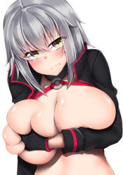 Rule 34 | 1girl, bad id, bad pixiv id, black collar, black gloves, black jacket, blush, grabbing another&#039;s breast, breasts, breasts out, closed mouth, collar, cropped jacket, deep skin, fate/grand order, fate (series), gloves, grabbing, halterneck, head tilt, highres, huge breasts, jacket, jeanne d&#039;arc alter (swimsuit berserker) (fate), jeanne d&#039;arc (fate), jeanne d&#039;arc alter (fate), jeanne d&#039;arc alter (swimsuit berserker) (fate), kitajima yuuki, long hair, long sleeves, looking at viewer, shrug (clothing), silver hair, solo, sweat, wavy mouth, white background, yellow eyes
