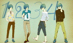 Rule 34 | 1boy, alternate costume, argyle, atlus, belt, blue hair, bolo tie, buttons, cardigan, double-breasted, fashion, green pants, hair over one eye, male focus, multiple persona, pants, pecoc45, persona, persona 3, polka dot, polka dot legwear, shirt, short hair, striped clothes, striped shirt, suspenders, sweater, yuuki makoto (persona 3)