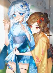 Rule 34 | 3girls, adjusting another&#039;s clothes, ahoge, blue eyes, blue hair, brown hair, chiori (genshin impact), commentary request, dressing, dressing another, furina (genshin impact), genshin impact, hair between eyes, hair ornament, halo, heterochromia, japanese clothes, kimono, light blue hair, long hair, multicolored hair, multiple girls, obi, paimon (genshin impact), popo (mochimai275642), red eyes, sash, sidelocks, streaked hair, two-tone hair, white hair