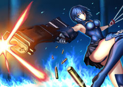 Rule 34 | 1girl, armor, armored dress, bare shoulders, black keys (type-moon), blue eyes, blue hair, breasts, ciel (tsukihime), gun, harukey, highres, large breasts, looking at viewer, powered ciel, short hair, solo, thighhighs, thighs, tsukihime, weapon