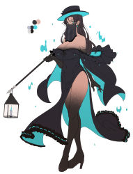 Rule 34 | 1girl, absurdres, at2., black dress, black gloves, blue eyes, breasts, brown hair, candle, collarbone, commentary, covered mouth, covered navel, dark-skinned female, dark skin, dress, earrings, elbow gloves, english commentary, fire, frilled dress, frills, full body, gloves, hat, high heels, highres, holding, holding polearm, holding spear, holding weapon, jewelry, la serena de la noche (merryweather), lace, lace-trimmed dress, lace-trimmed veil, lace trim, lamp, large breasts, long hair, merryweather, mouth veil, original, polearm, see-through, simple background, solo, spear, standing, strap, veil, weapon, white background