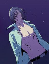 Rule 34 | 1boy, blood, blood on face, blue background, closed mouth, disgust, grey hair, grey pants, long hair, looking to the side, m-21 (noblesse), night, night sky, noblesse, open clothes, open shirt, pants, red eyes, shirt, sky, solo, white shirt