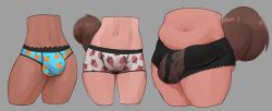 Rule 34 | 3others, abigail (peculiart), absurdres, acorn, acorn print, boxer briefs, bulge, covered testicles, erection, erection under clothes, fluffy, futanari, grey background, herm (lore), highres, male underwear, midriff, multiple others, navel, peculiart, print underwear, roxy (peculiart), simple background, squirrel tail, stacy (peculiart), tail, tan, testicles, thick thighs, thighs, underwear