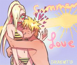Rule 34 | 1boy, 1girl, aqua eyes, bare arms, bare shoulders, bikini, blonde hair, blush, bra, breasts, caption, closed eyes, collarbone, couple, earrings, embarrassed, english text, facial mark, facing another, green eyes, grin, hair over one eye, hair tie, happy, heart, hetero, high ponytail, hug, jewelry, long hair, looking at another, looking down, medium breasts, midriff, naruto, naruto (series), naruto shippuuden, navel, one eye covered, open mouth, panties, parted lips, ponytail, short hair, side-tie bikini bottom, side-tie panties, smile, spiked hair, standing, starchii, string bikini, striped bikini, striped bikini bottom, striped bikini top, striped clothes, summer, swimsuit, teeth, tongue, topless, underwear, upper body, uzumaki naruto, whisker markings, whisker marks, whiskers, wide-eyed, yamanaka ino