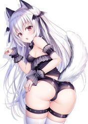 Rule 34 | 1girl, animal ears, arm up, ass, black panties, bustier, collar, dog ears, dog tail, fang, from behind, hand on own hip, leaning forward, long hair, looking back, mitsuba choco, open mouth, original, panties, paw pose, red eyes, ribbon, silver hair, solo, spiked collar, spikes, tail, thigh strap, thighhighs, underwear, white thighhighs, wrist cuffs
