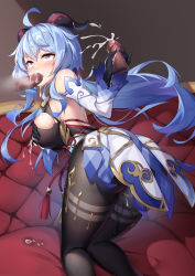 Rule 34 | 1girl, absurdres, ahoge, ass, bare shoulders, black gloves, black leotard, black pantyhose, blue hair, breasts, detached sleeves, disembodied penis, erection, fellatio, from behind, ganyu (genshin impact), genshin impact, gloved handjob, gloves, goat horns, group sex, handjob, highres, horns, k.t.cube, kneeling, lactation, large breasts, leotard, long hair, long sleeves, looking up, low ponytail, mmf threesome, open mouth, oral, pantyhose, penis, purple eyes, pussy juice, revision, solo, thighs, threesome, torn clothes, uncensored, very long hair, waist cape