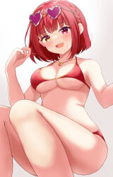 Rule 34 | 1girl, absurdres, bare shoulders, bikini, blush, breasts, cleavage, halterneck, heart, heart-shaped eyewear, heart necklace, heterochromia, highres, hololive, houshou marine, houshou marine (summer), jewelry, large breasts, looking at viewer, necklace, open mouth, red bikini, red eyes, red hair, rinkaa (lovelive765pro2), sharp teeth, short hair, smile, solo, string bikini, sunglasses, swimsuit, teeth, thighs, upper teeth only, virtual youtuber, white background, yellow eyes