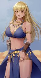 Rule 34 | 1girl, absurdres, alternate costume, amayo thranana, armlet, bare arms, bare shoulders, blonde hair, breasts, cleavage, commentary, commission, cowboy shot, crop top, feathers, fire emblem, fire emblem: the binding blade, highres, igrene (fire emblem), jewelry, large breasts, midriff, mole, mole under eye, navel, necklace, nintendo, solo, standing, stomach, thighs, yellow eyes