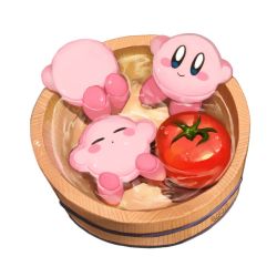 Rule 34 | artist request, bad id, bad twitter id, blush stickers, clone, closed eyes, food, kirby, kirby (series), kirby mass attack, nintendo, no humans, simple background, sleeping, smile, soup, tomato, white background