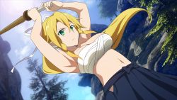 Rule 34 | 1girl, armpits, arms up, bandages, bandeau, bare arms, bare shoulders, blonde hair, blue sky, breasts, chest sarashi, cleavage, cloud, cowboy shot, day, dutch angle, game cg, green eyes, hair between eyes, hair ribbon, haori, highres, holding, holding weapon, japanese clothes, large breasts, leafa, long hair, midriff, navel, official art, outdoors, ribbon, sarashi, shinai, sidelocks, sky, solo, standing, stomach, strapless, sword, sword art online, sword art online: hollow fragment, tree, tube top, weapon, white ribbon