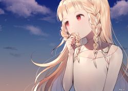 Rule 34 | 10s, 1girl, azit (down), blonde hair, blue sky, blush, braid, cloud, cloudy sky, commentary request, day, dress, flower, hair flower, hair ornament, hair ribbon, hand up, highres, holding, holding own hair, long hair, long sleeves, looking away, looking to the side, maquia (sayoasa), outdoors, red eyes, ribbon, sayonara no asa ni yakusoku no hana wo kazarou, side braid, signature, sky, sleeves past wrists, solo, twin braids, upper body, very long hair, white dress, white flower, white ribbon