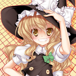 Rule 34 | 1girl, 33paradox, argyle, argyle background, argyle clothes, bad id, bad pixiv id, blonde hair, bow, braid, colorized, female focus, frills, gotou nao, grin, hand on own hip, hat, highres, hip focus, kirisame marisa, long hair, ribbon, single braid, smile, solo, touhou, witch, witch hat, yellow background, yellow eyes