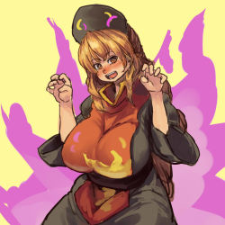 Rule 34 | 1girl, alternate hairstyle, black dress, blonde hair, blush, breasts, chanta (ayatakaoisii), chinese clothes, claw pose, cowboy shot, dress, energy, fox tail, hair up, hat, huge breasts, junko (touhou), long hair, long sleeves, looking at viewer, mature female, multiple tails, nose, obi, open mouth, orange eyes, sash, simple background, sketch, solo, tabard, tail, teeth, tongue, touhou, very long hair, wide sleeves, yellow background