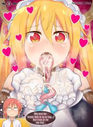 Rule 34 | 2girls, absurdres, blonde hair, blush, cum, cum in mouth, cum on clothes, cum on hands, cum on tongue, cupping hands, deviltokyo, dragon horns, english text, gloves, highres, horns, imagining, kobayashi-san chi no maidragon, kobayashi (maidragon), long hair, long tongue, looking at viewer, maid, maid headdress, multiple girls, open mouth, own hands together, pink hair, speech bubble, tohru (maidragon), tongue, tongue out, white gloves