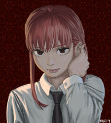 Rule 34 | 1girl, black necktie, buttoned cuffs, buttons, chainsaw man, collared shirt, eyelashes, hand up, highres, initial, long hair, looking at viewer, makima (chainsaw man), necktie, red-core timber, red eyes, red hair, ringed eyes, shirt, solo, upper body, white shirt