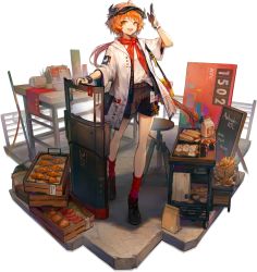Rule 34 | 1girl, :d, ahoge, arknights, bag, bare legs, black footwear, black shorts, croissant, croissant (arknights), croissant (seven am) (arknights), food, french fries, full body, gloves, hand up, handbag, highres, horns, huanxiang heitu, jacket, kfc, long hair, looking at viewer, low ponytail, milk carton, official alternate costume, official art, open clothes, open jacket, open mouth, orange hair, paper bag, planted, red neckwear, red socks, shield, shirt, shoes, short sleeves, shorts, smile, socks, solo, standing, stool, table, transparent background, visor cap, white jacket, white shirt, yellow eyes