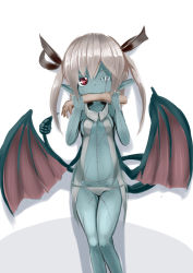 Rule 34 | 1girl, biting, blue skin, cannibalism, colored skin, demon girl, demon tail, demon wings, fangs, female focus, highres, missing eye, original, panties, pointy ears, red eyes, rnd.jpg (artist), scar, severed arm, severed limb, silver hair, simple background, solo, stitches, tail, twintails, underwear, white background, wings, zombie, zombie girl