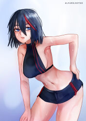 Rule 34 | 1girl, absurdres, alfarejected, armpits, bare shoulders, bent over, black hair, blue eyes, blush, breasts, collarbone, exercising, hair between eyes, hand on own hip, hand on own thigh, highres, kill la kill, leaning forward, looking to the side, matoi ryuuko, medium breasts, messy hair, multicolored hair, navel, panties, parted lips, short hair, sideboob, signature, simple background, solo, streaked hair, sweat, thighs, trigger (company), two-tone hair, underwear