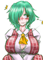Rule 34 | 1girl, absurdres, ascot, bad proportions, breasts, bursting breasts, buttons, center opening, cleavage, colored eyelashes, eko (yu-shao-eko), embarrassed, green hair, highres, kazami yuuka, large breasts, long sleeves, poorly drawn, popped button, red eyes, shirt, simple background, solo, straining buttons, team shanghai alice, touhou, upper body, vest, wardrobe malfunction, white background