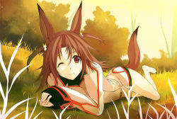 Rule 34 | 10s, 1girl, animal ears, bad id, bad pixiv id, barefoot, brown eyes, brown hair, earrings, grass, infinite stratos, jewelry, lying, nature, nohotoke honne, on stomach, one eye closed, shingo., smile, solo, tail, uniform, wink