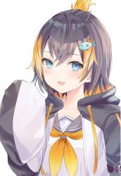 Rule 34 | 1girl, :d, black hair, blue eyes, blush, fish hair ornament, hair ornament, highres, hood, hoodie, long sleeves, looking at viewer, multicolored hair, neckerchief, nijisanji, nijisanji en, open clothes, open hoodie, open mouth, orange hair, petra gurin, petra gurin (1st costume), sailor collar, short hair, simple background, sisoha, sleeves past fingers, sleeves past wrists, smile, solo, two-tone hair, upper body, virtual youtuber, white background