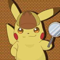Rule 34 | bad id, bad pixiv id, brick wall, clothed pokemon, commentary request, creatures (company), deerstalker, detective, detective pikachu, detective pikachu (character), detective pikachu (game), game freak, gen 1 pokemon, hat, lowres, magnifying glass, nintendo, no humans, pikachu, pikamon, pokemon, pokemon (creature), smirk