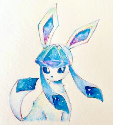 Rule 34 | animal focus, blue hair, blue sclera, blush, butter (oshi8kyoumoh), colored sclera, colored tips, creatures (company), cropped torso, game freak, gen 4 pokemon, glaceon, highres, light blush, long hair, looking to the side, multicolored hair, nintendo, no humans, no mouth, painting (medium), pokemon, pokemon (creature), sitting, solo, traditional media, two-tone hair, watercolor (medium), white eyes